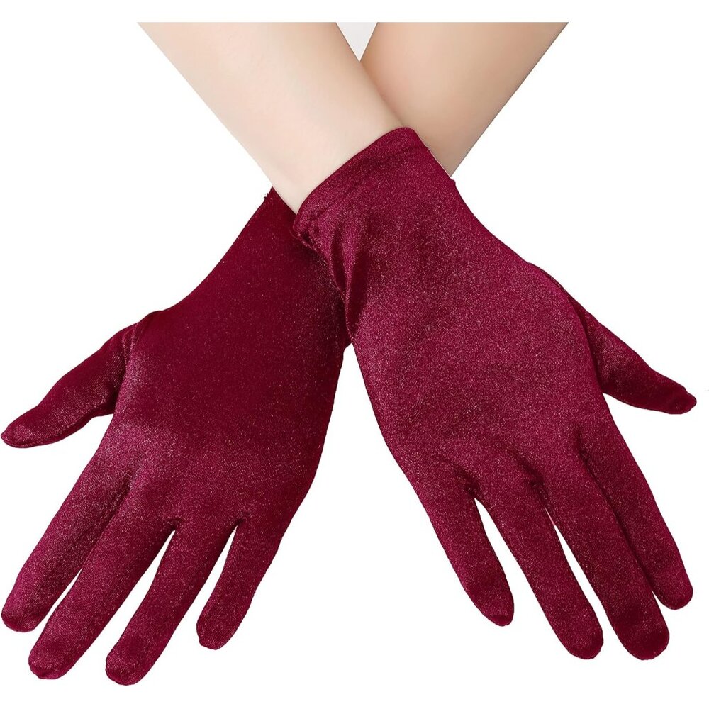 Women's 8-6 Wine Red Elastic Short Length Satin Wrist Gloves Wedding Bride Prom